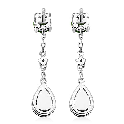 Chrome Diopside and White Zircon 2.15 ctw Dangling Earrings in Rhodium Over Sterling Silver