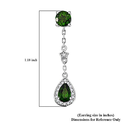 Chrome Diopside and White Zircon 2.15 ctw Dangling Earrings in Rhodium Over Sterling Silver