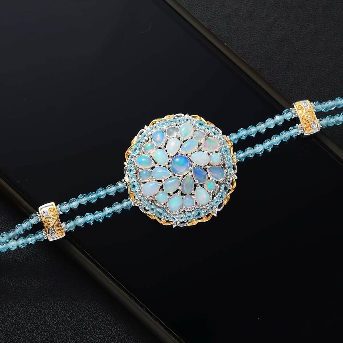 Premium Ethiopian Welo Opal and Paraiba Apatite 18.90 ctw Celestial Garden Bracelet in 18K Vermeil YG and Rhodium Over Sterling Silver (6.50 In) image number 2