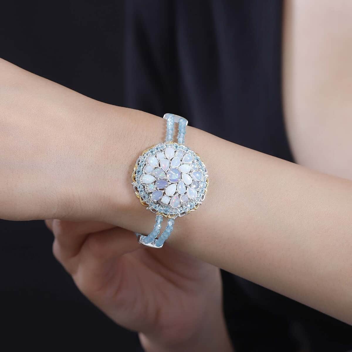 Premium Ethiopian Welo Opal and Paraiba Apatite 18.90 ctw Celestial Garden Bracelet in 18K Vermeil YG and Rhodium Over Sterling Silver (6.50 In) image number 3