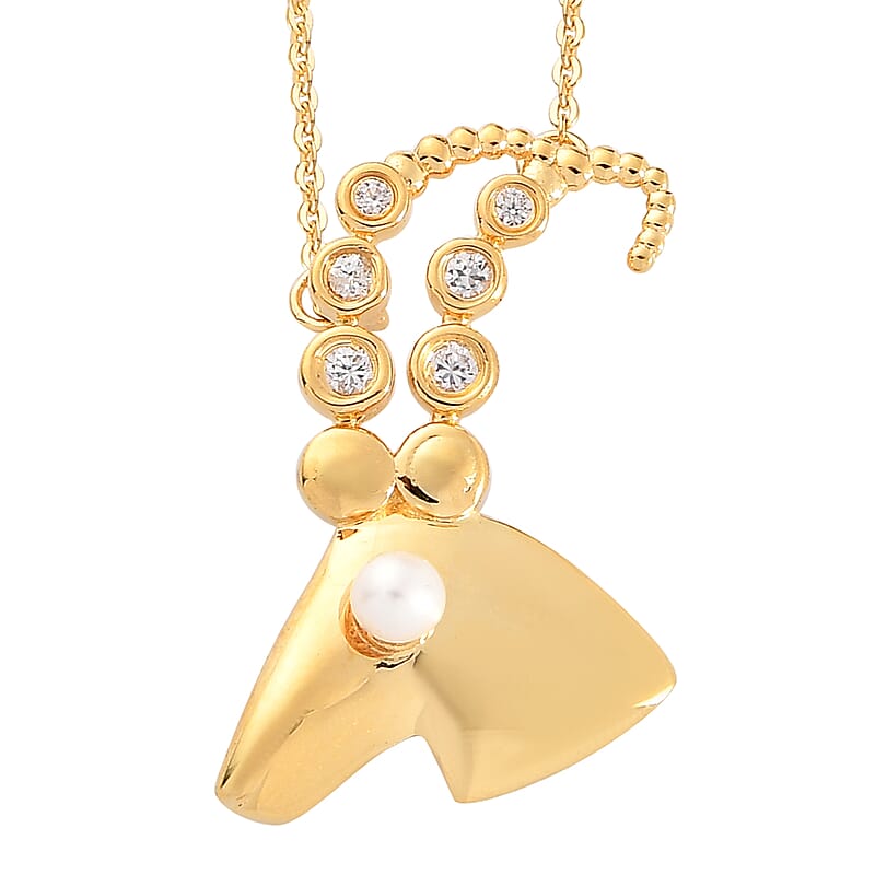 Freshwater Pearl and Natural White Zircon Capricorn Zodiac Necklace 18 Inches in Vermeil Yellow Gold Over Sterling Silver 0.20 ctw