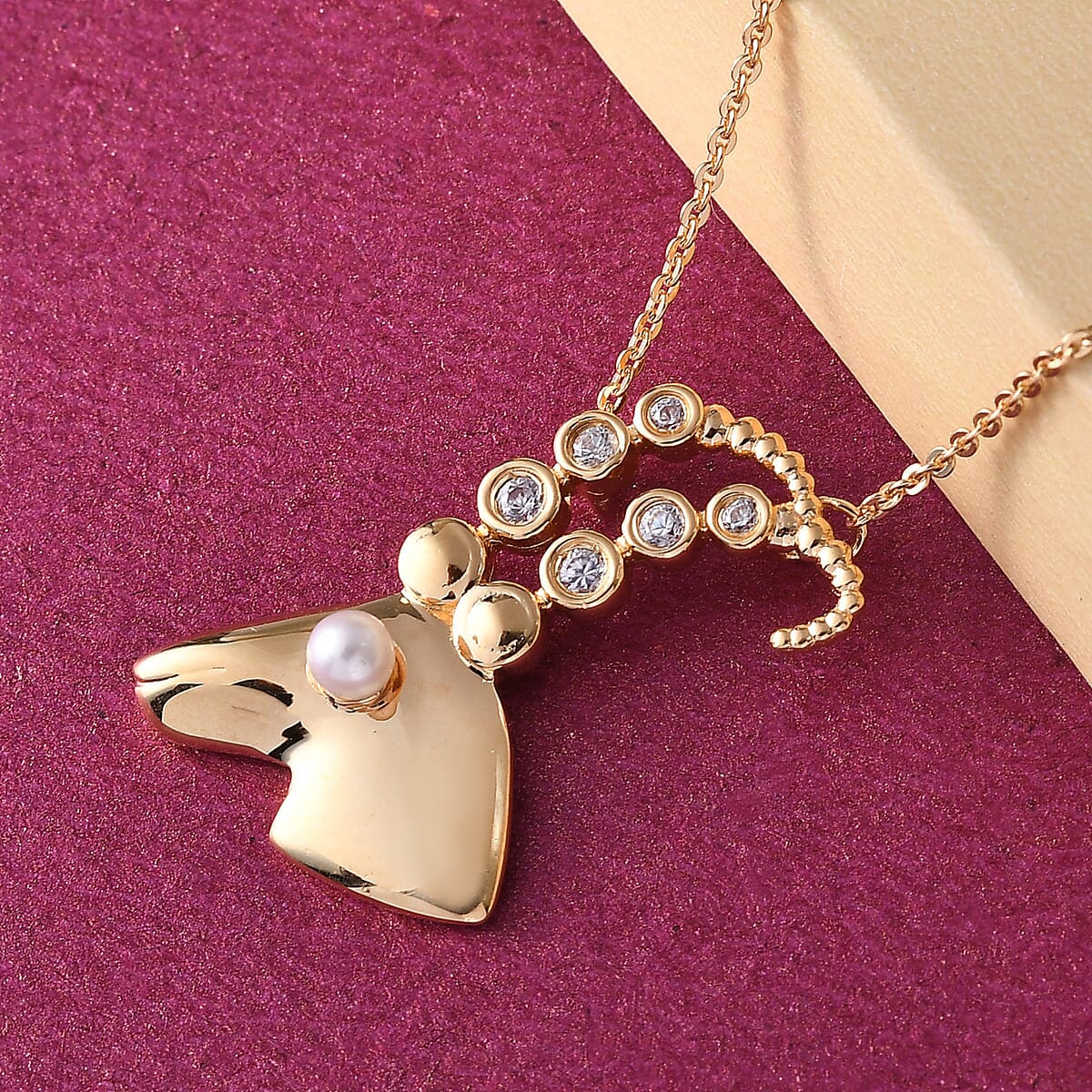 Freshwater Pearl and Natural White Zircon Capricorn Zodiac Necklace 18 Inches in Vermeil Yellow Gold Over Sterling Silver 0.20 ctw image number 1