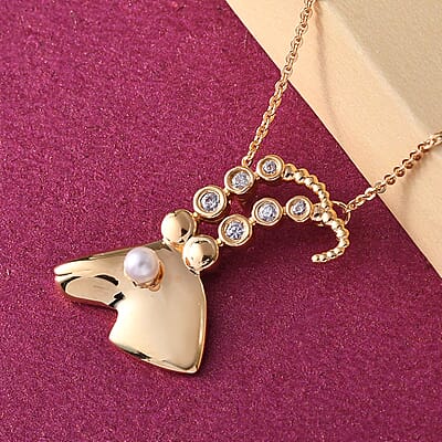 Freshwater Pearl and Natural White Zircon Capricorn Zodiac Necklace 18 Inches in Vermeil Yellow Gold Over Sterling Silver 0.20 ctw