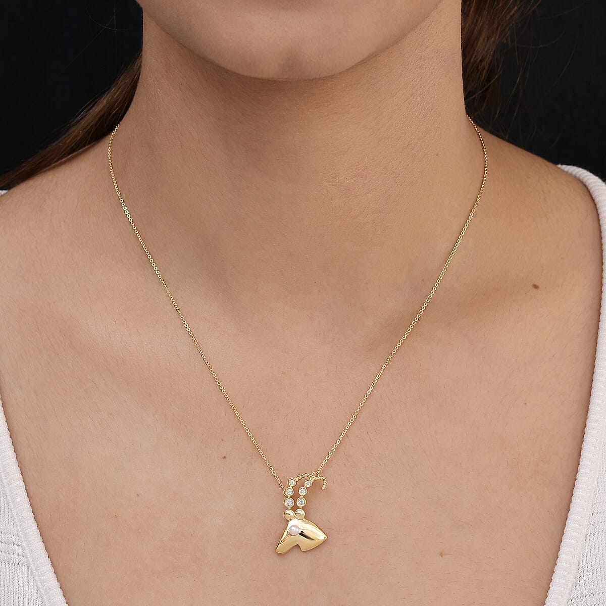 Freshwater Pearl and Natural White Zircon Capricorn Zodiac Necklace 18 Inches in Vermeil Yellow Gold Over Sterling Silver 0.20 ctw image number 2