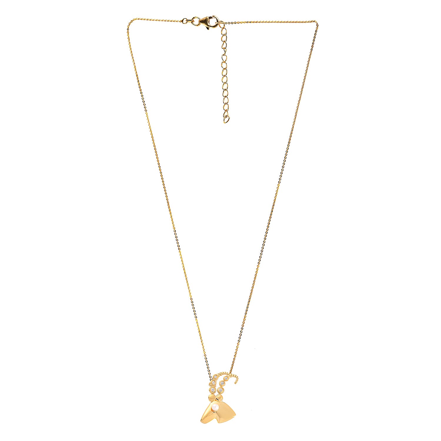 Freshwater Pearl and Natural White Zircon Capricorn Zodiac Necklace 18 Inches in Vermeil Yellow Gold Over Sterling Silver 0.20 ctw