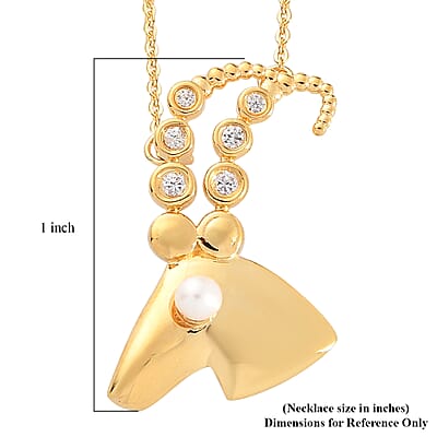Freshwater Pearl and Natural White Zircon Capricorn Zodiac Necklace 18 Inches in Vermeil Yellow Gold Over Sterling Silver 0.20 ctw