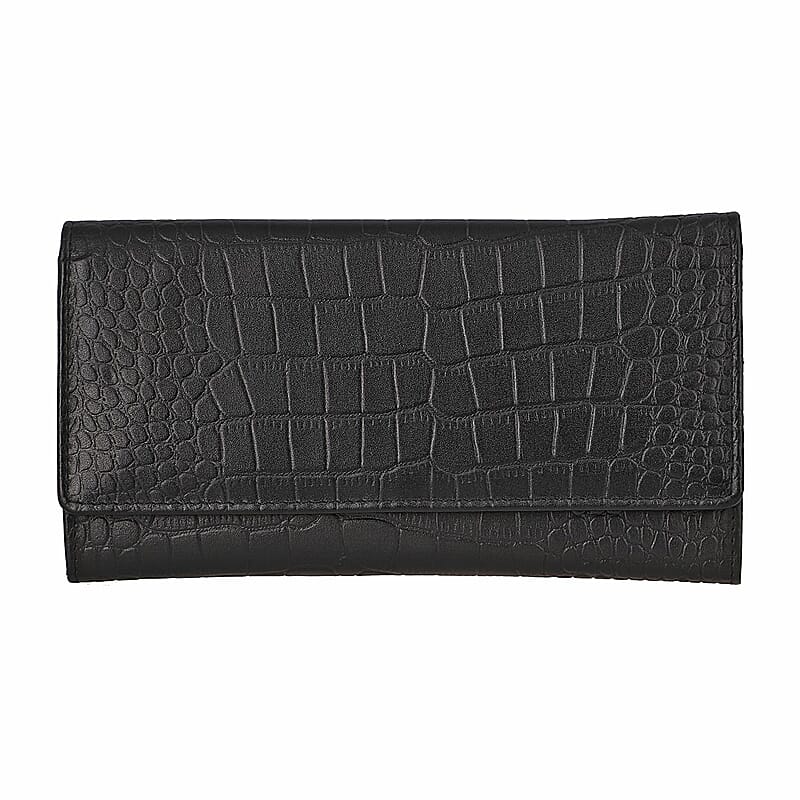 Union Code Black RFID Protected Genuine Leather Croco Embossed Wallet
