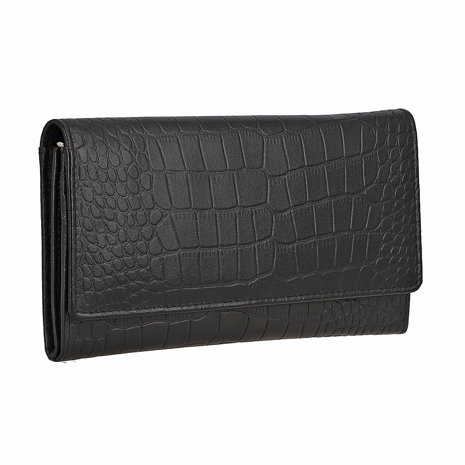 Union Code Black RFID Protected Genuine Leather Croco Embossed Wallet