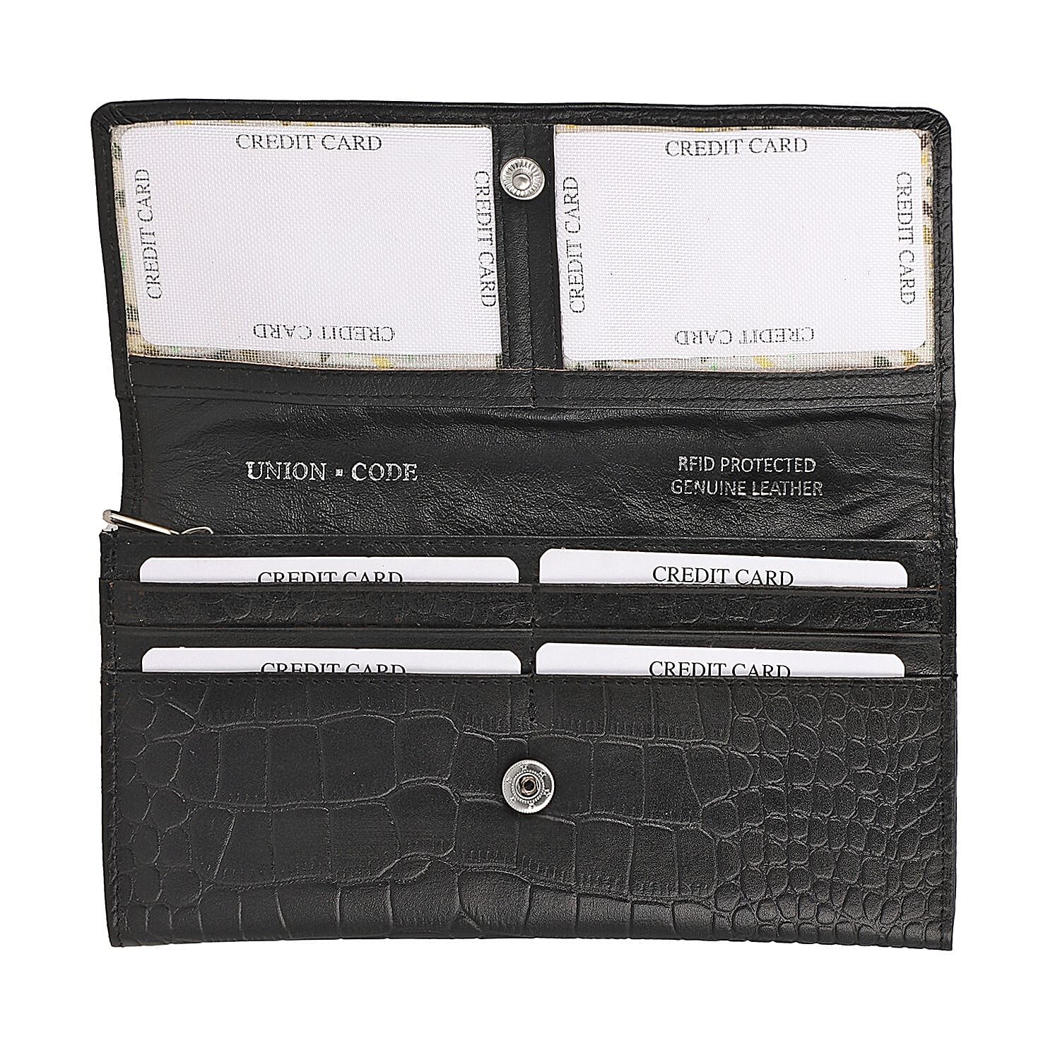 Union Code Black RFID Protected Genuine Leather Croco Embossed Wallet
