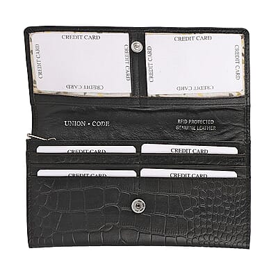 Union Code Black RFID Protected Genuine Leather Croco Embossed Wallet