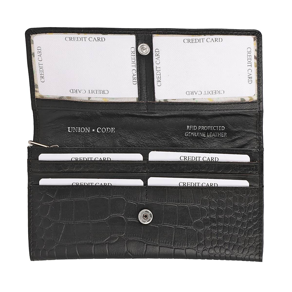 Union Code Black RFID Protected Genuine Leather Croco Embossed Wallet image number 4