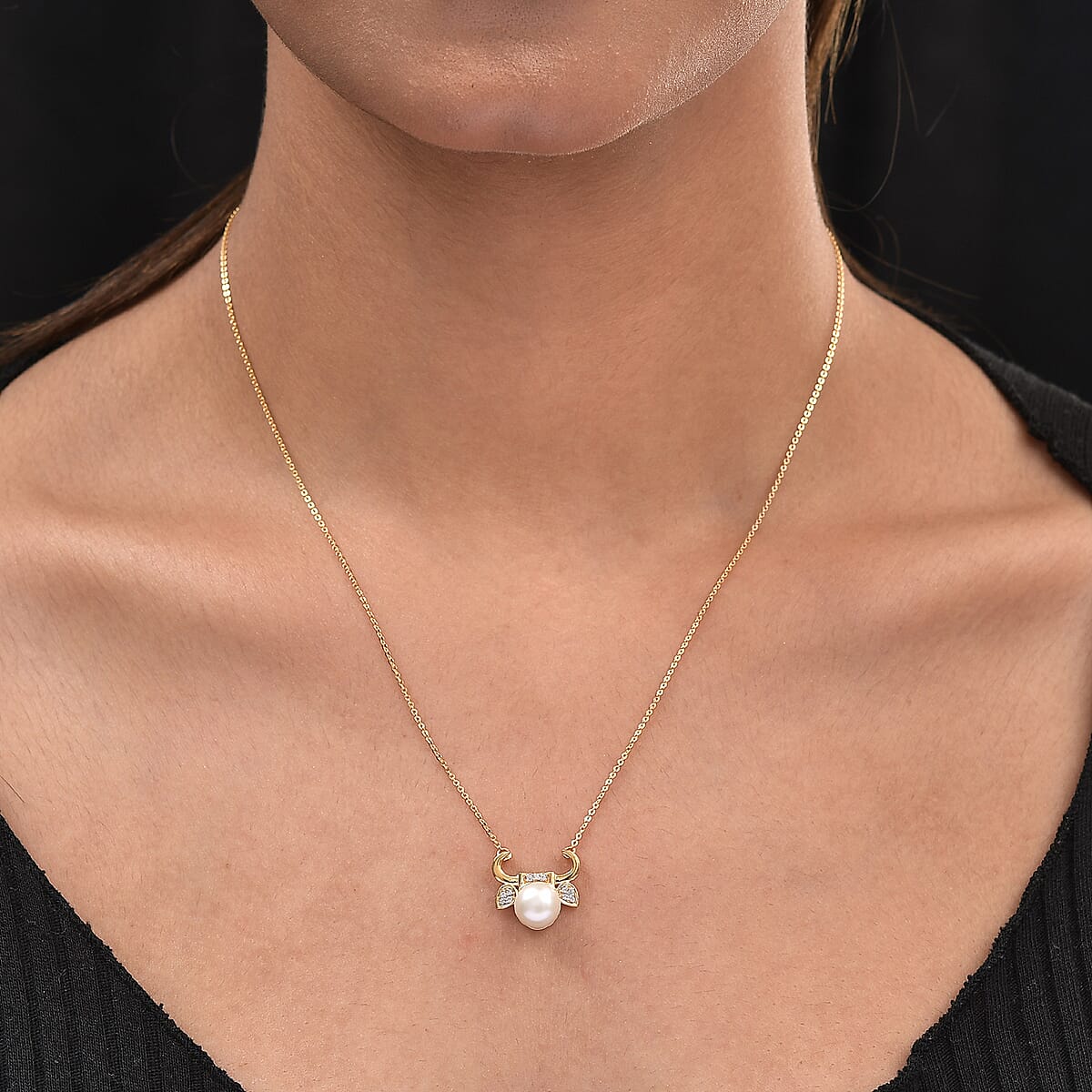 Freshwater Pearl and Natural White Zircon Taurus Zodiac Necklace 18 Inches in Vermeil Yellow Gold Over Sterling Silver 0.10 ctw image number 1
