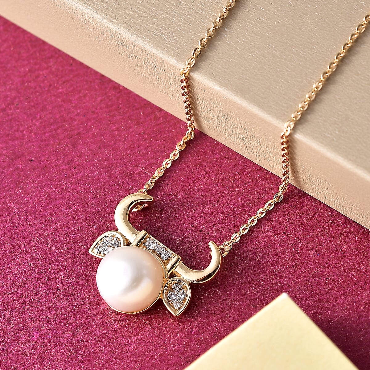 Freshwater Pearl and Natural White Zircon Taurus Zodiac Necklace 18 Inches in Vermeil Yellow Gold Over Sterling Silver 0.10 ctw image number 2