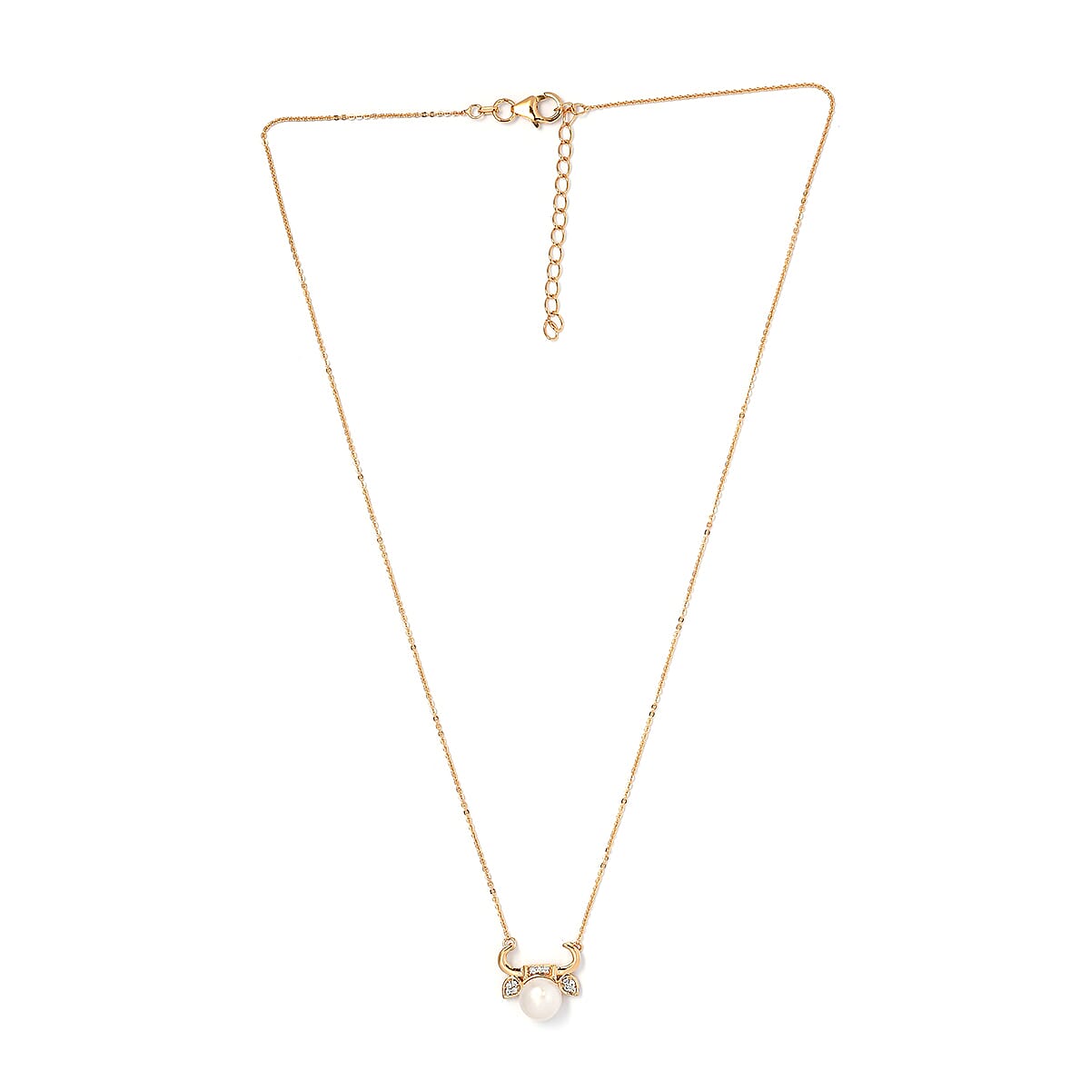 Freshwater Pearl and Natural White Zircon Taurus Zodiac Necklace 18 Inches in Vermeil Yellow Gold Over Sterling Silver 0.10 ctw image number 3