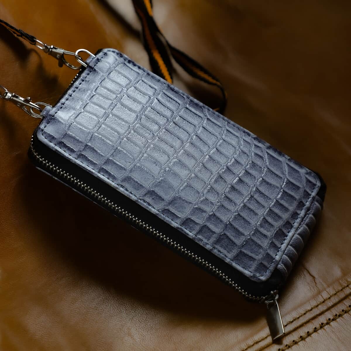 Gray Crocodile Embossed RFID Genuine Leather Crossbody Bag for Women with Wristlet Handle | Shoulder Purse | Crossbody Handbags | Designer Crossbody | Leather Handbags image number 1