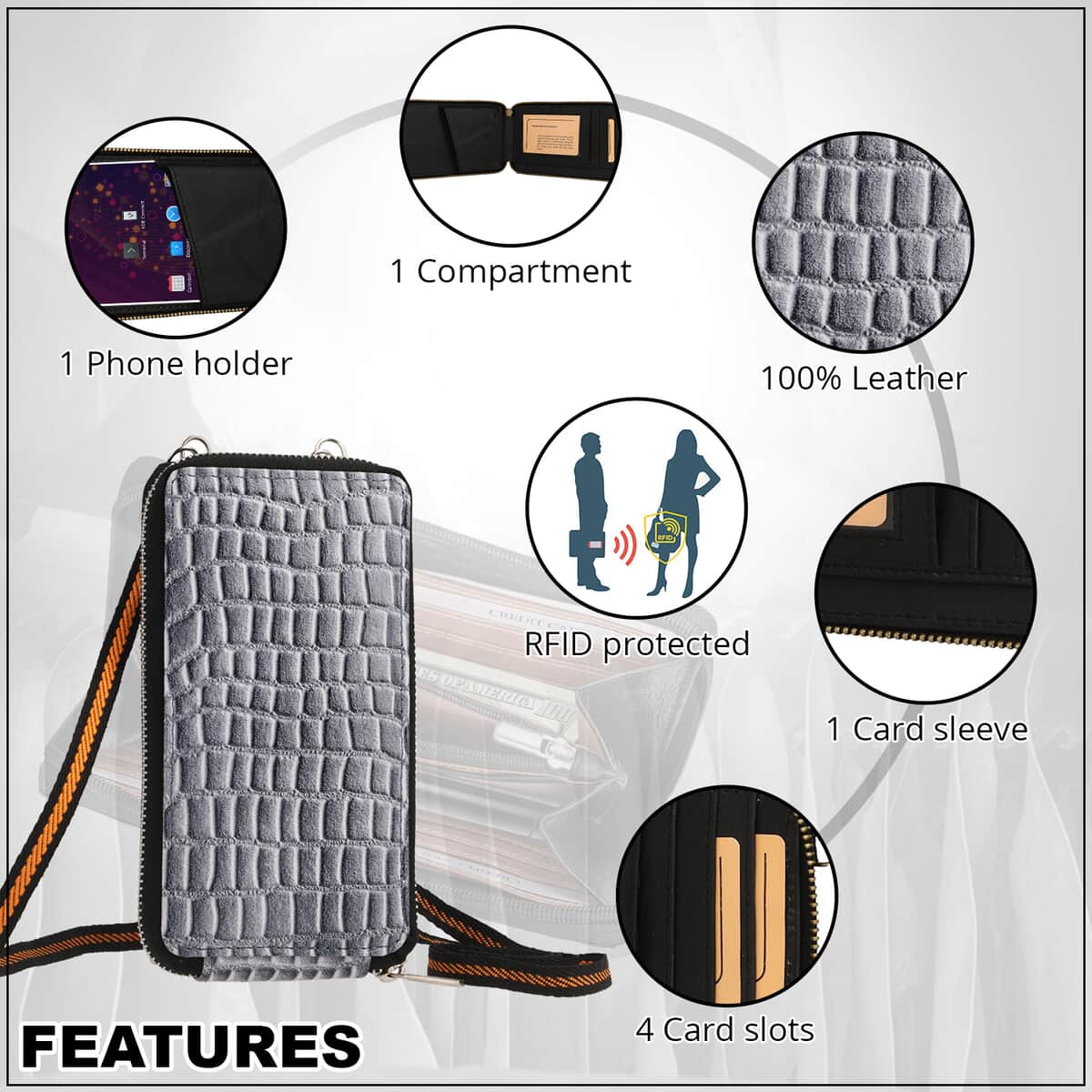 Gray Crocodile Embossed RFID Genuine Leather Crossbody Bag for Women with Wristlet Handle | Shoulder Purse | Crossbody Handbags | Designer Crossbody | Leather Handbags image number 3