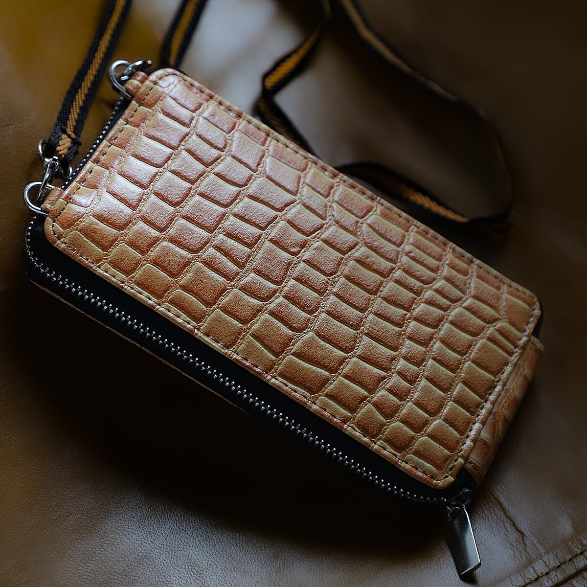 Buy Tan Crocodile Embossed RFID Genuine Leather Crossbody Bag for