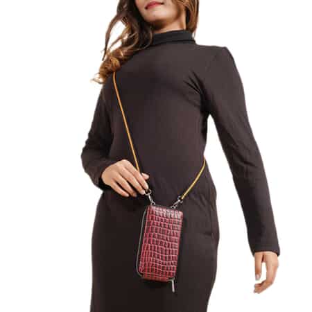 Burgundy Croc Embossed Genuine Leather Handbags