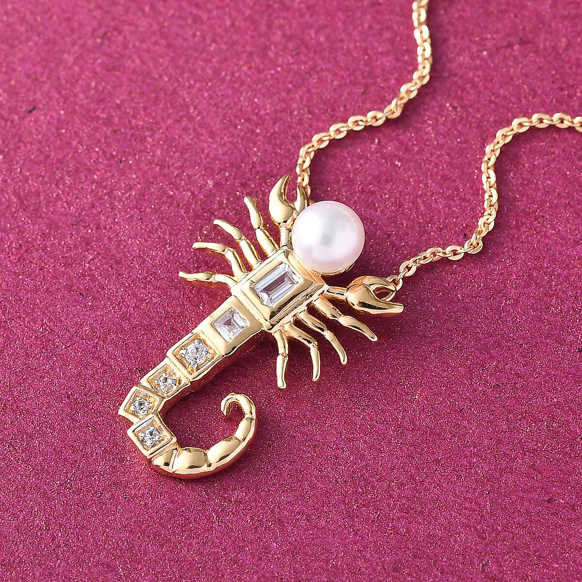 Freshwater Pearl and Natural White Zircon Scorpio Zodiac Necklace 18 Inches in Vermeil Yellow Gold Over Sterling Silver 0.20 ctw image number 1