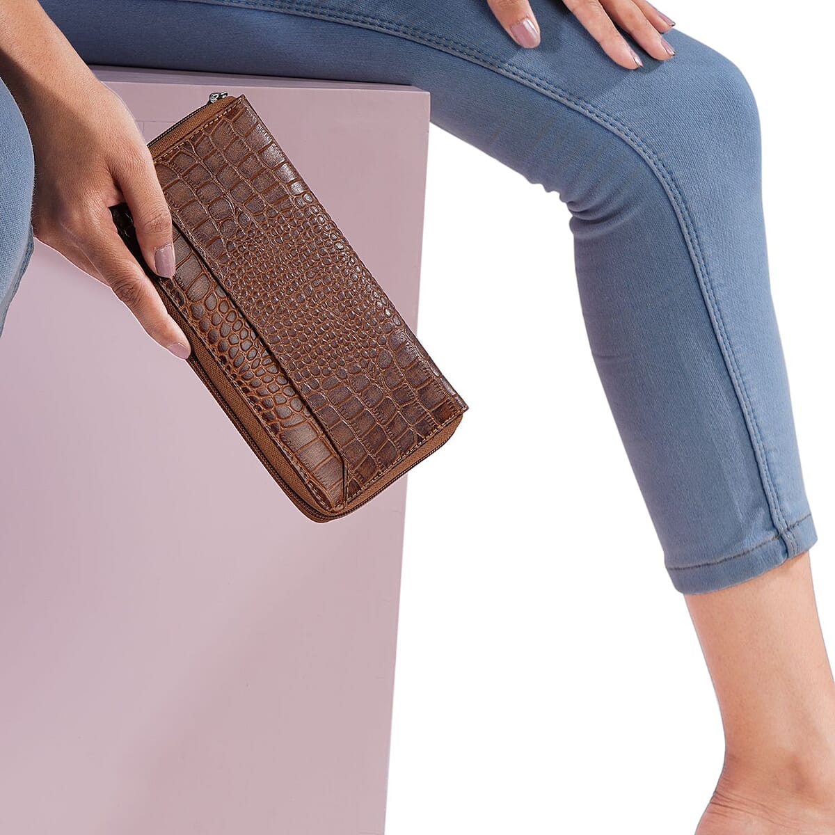 Union Code Tan Genuine Leather Croco Embossed RFID Wallet image number 1