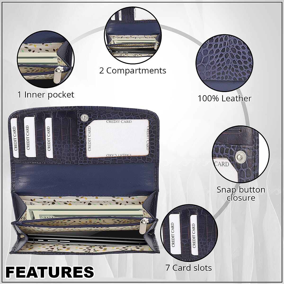 Union Code Navy Croc Embossed Genuine Leather Wallet image number 3