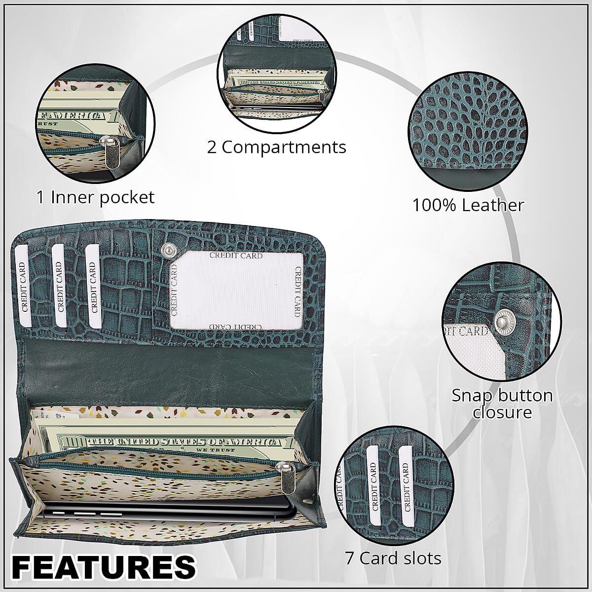 Union Code Teal Green Croc Embossed Genuine Leather Wallet image number 3