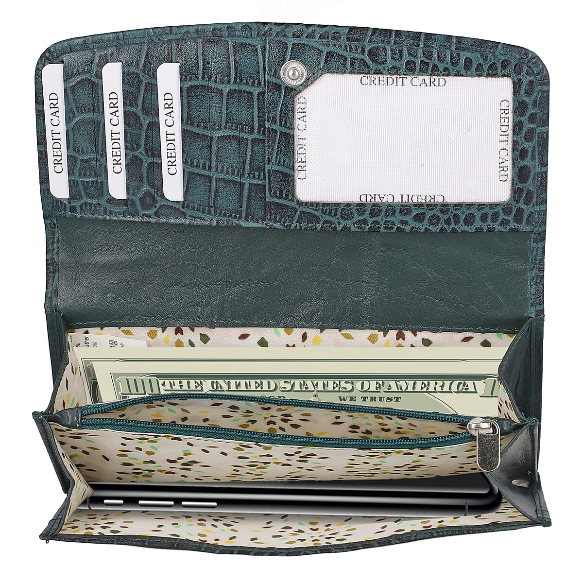 Union Code Teal Green Croc Embossed Genuine Leather Wallet image number 4