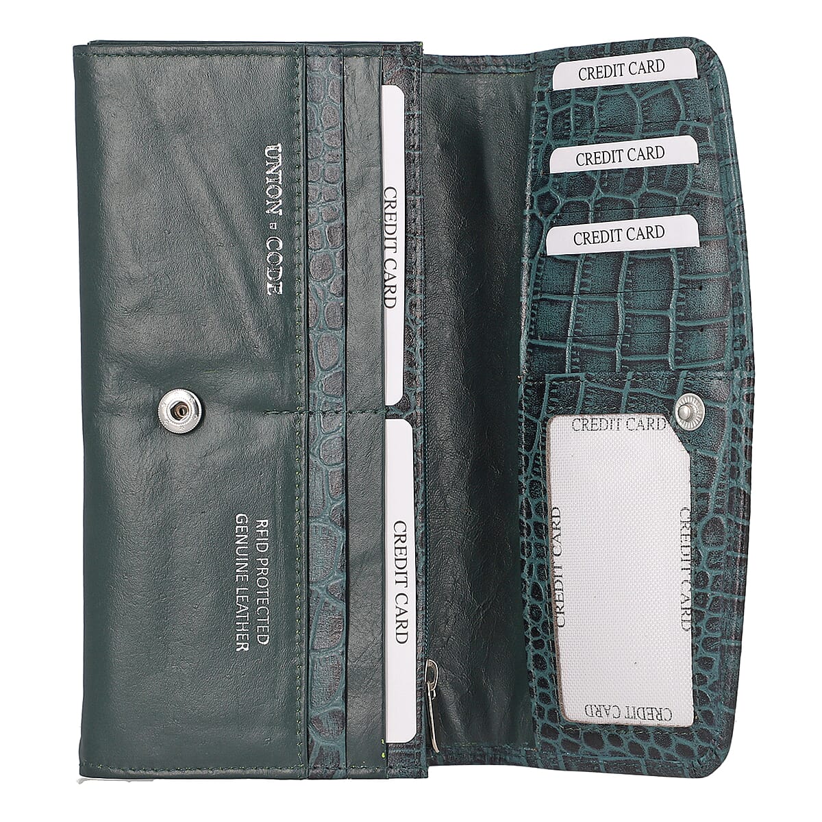 Union Code Teal Green Croc Embossed Genuine Leather Wallet image number 5