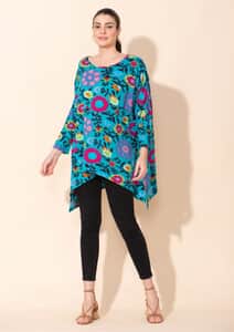 Tamsy Blue Floral Printed Ladies TOP - One Size Missy