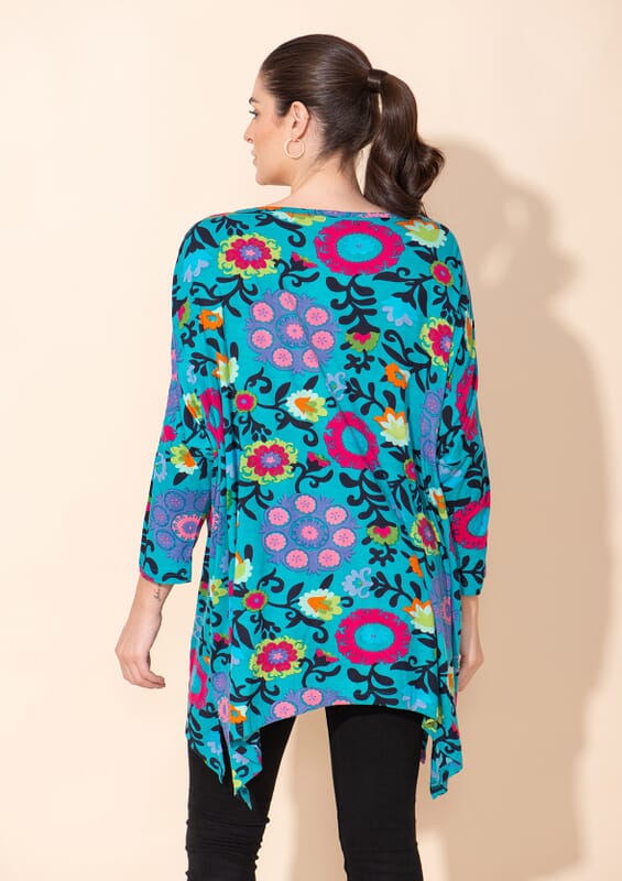 Tamsy Blue Floral Printed Ladies TOP - One Size Missy