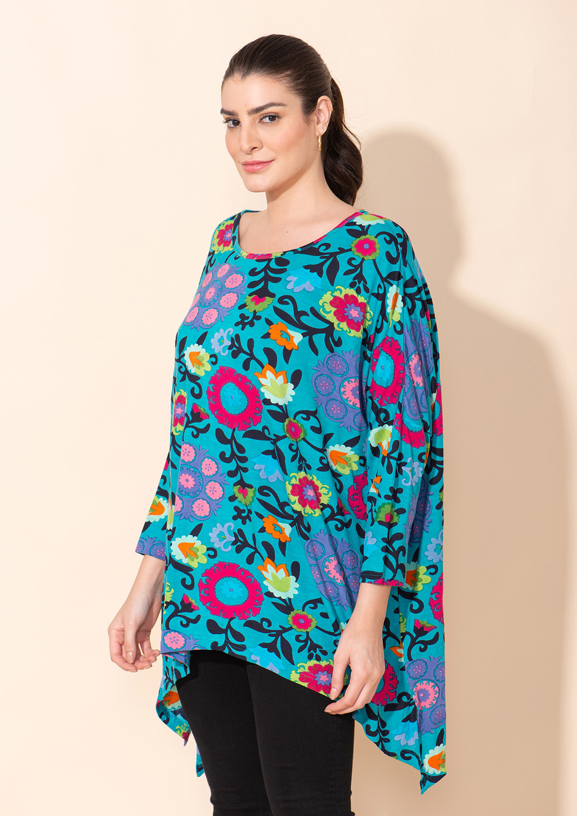 Tamsy Blue Floral Printed Ladies TOP - One Size Missy