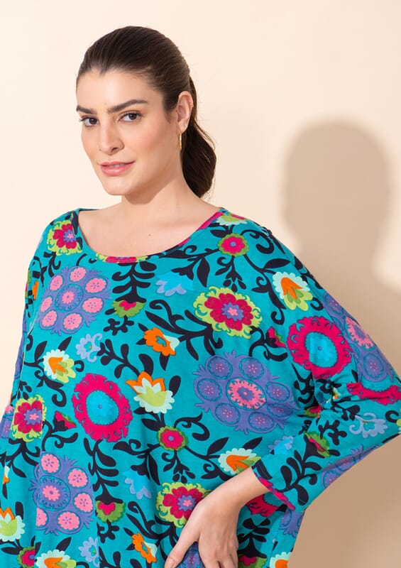 Tamsy Blue Floral Printed Ladies TOP - One Size Missy