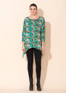 Tamsy Turquoise and Red Floral Printed Ladies TOP - One Size Missy
