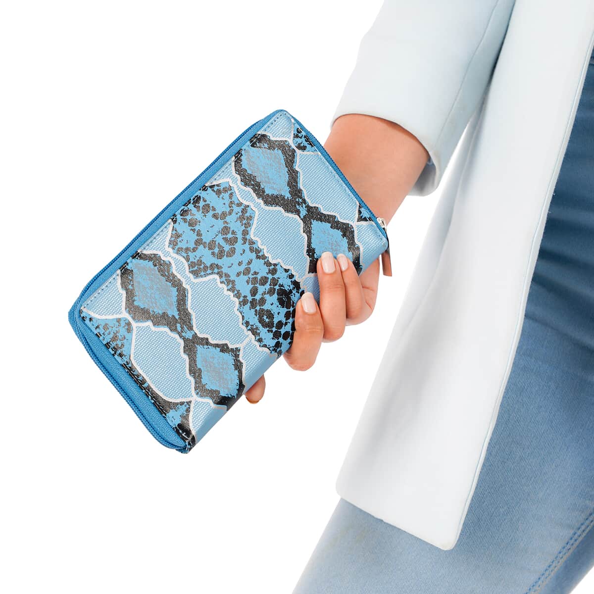 "Snakeskin Print Genuine Leather Women's Wallet SIZE: 7.5(L)x4.5(W)x0.5(H) inches COLOR: Blue" image number 1
