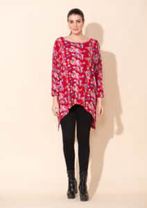 Tamsy Red Printed Ladies TOP - One Size Plus