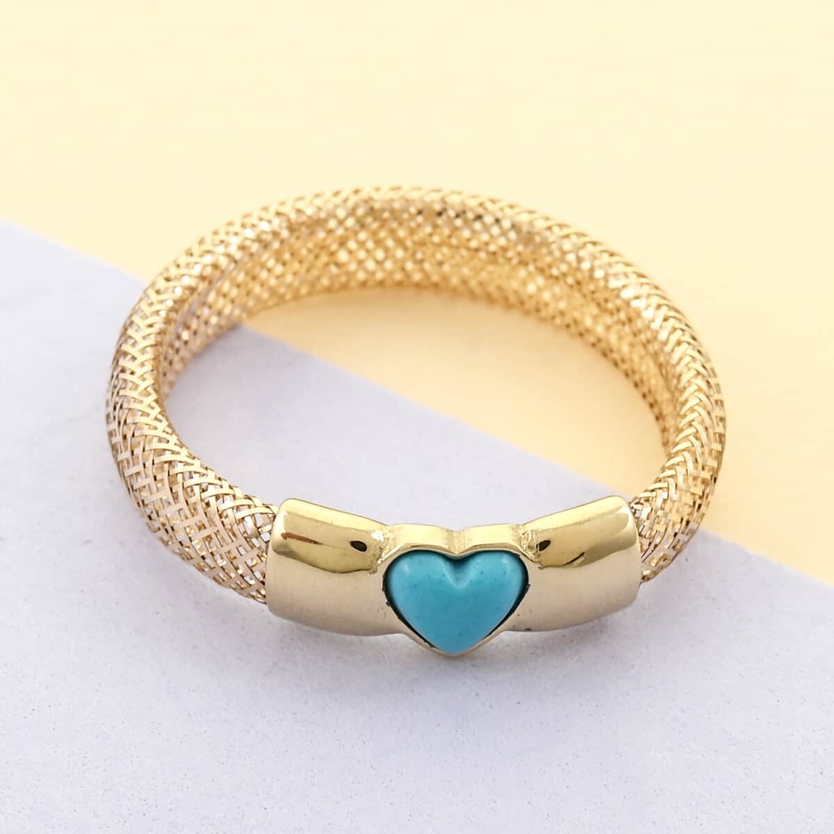 Maestro Gold Collection Italian 10K Yellow Gold Turquoise Paste Mesh Heart Ring (Size 5-7) 0.15 ctw image number 1