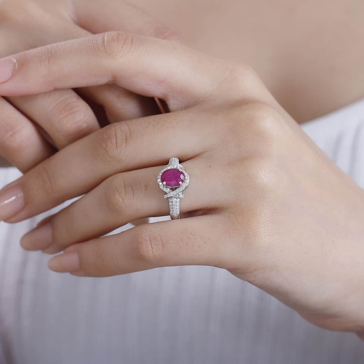 Premium Montepuez Ruby, Moissanite Ring in Rhodium Over Sterling Silver (Size 10.0) 2.25 ctw image number 2