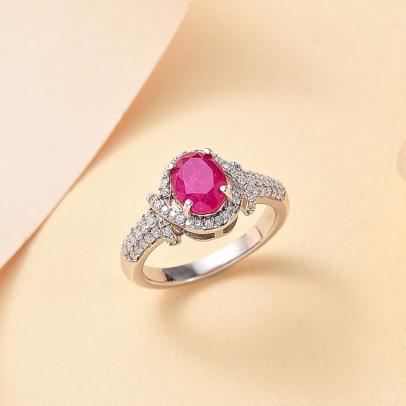 Premium Montepuez Ruby and Moissanite 2.25 ctw Promise Ring in Rhodium Over Sterling Silver (Size 9.0)