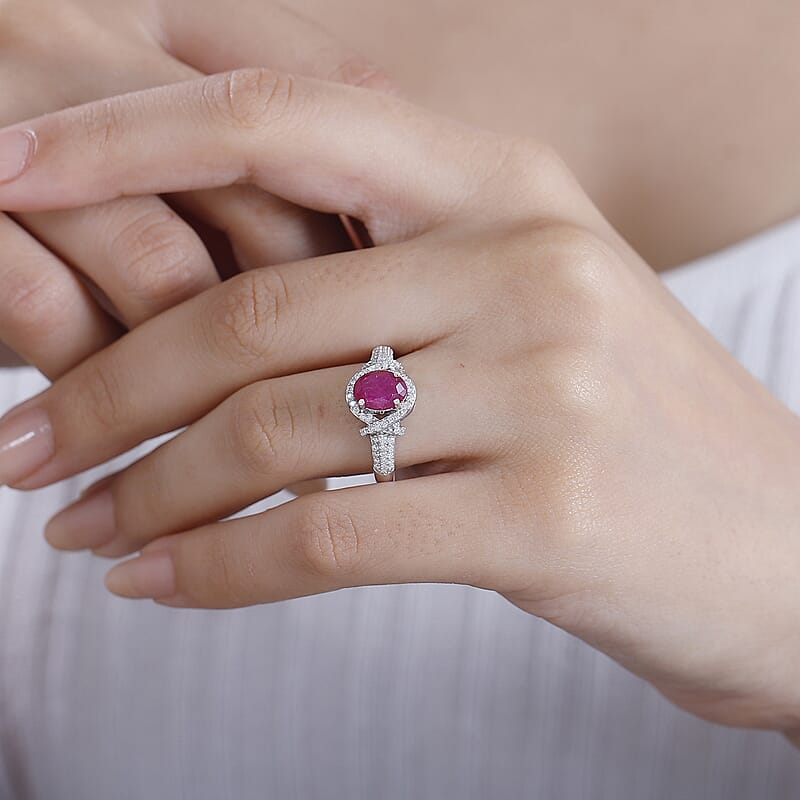 Premium Montepuez Ruby and Moissanite 2.25 ctw Promise Ring in Rhodium Over Sterling Silver (Size 9.0)