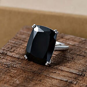 D'Joy Thai Black Spinel 20.25 ctw Eclipse Ring in Rhodium Over Sterling Silver (Size 6.0)
