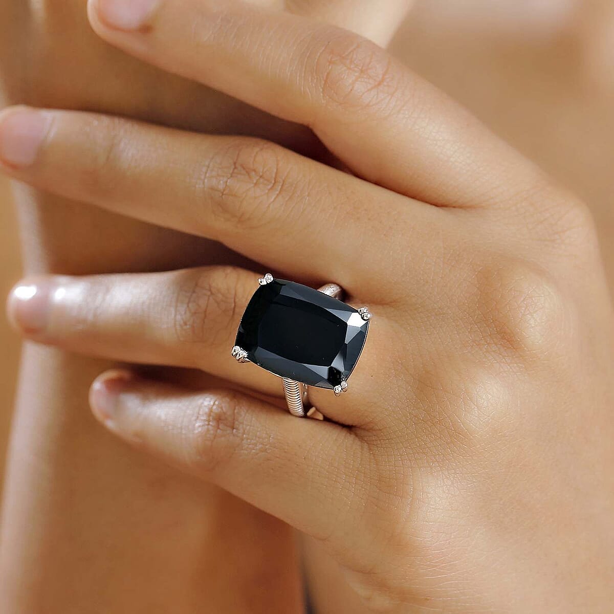 D'Joy Thai Black Spinel 20.25 ctw Eclipse Ring in Rhodium Over Sterling Silver (Size 6.0) image number 2