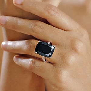 D'Joy Thai Black Spinel 20.25 ctw Eclipse Ring in Rhodium Over Sterling Silver (Size 6.0)