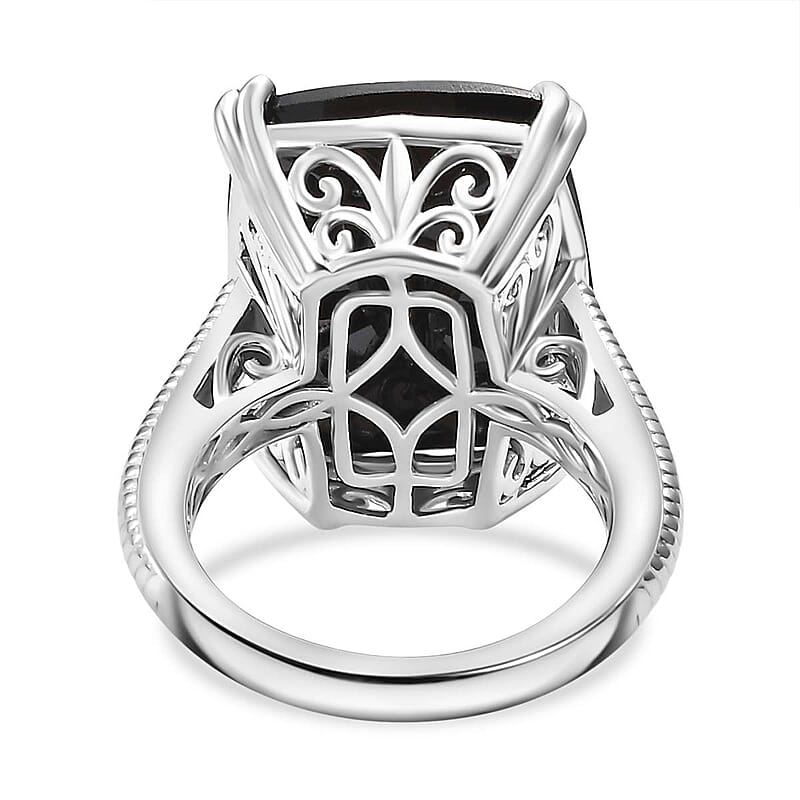 D'Joy Thai Black Spinel 20.25 ctw Eclipse Ring in Rhodium Over Sterling Silver (Size 8.0)
