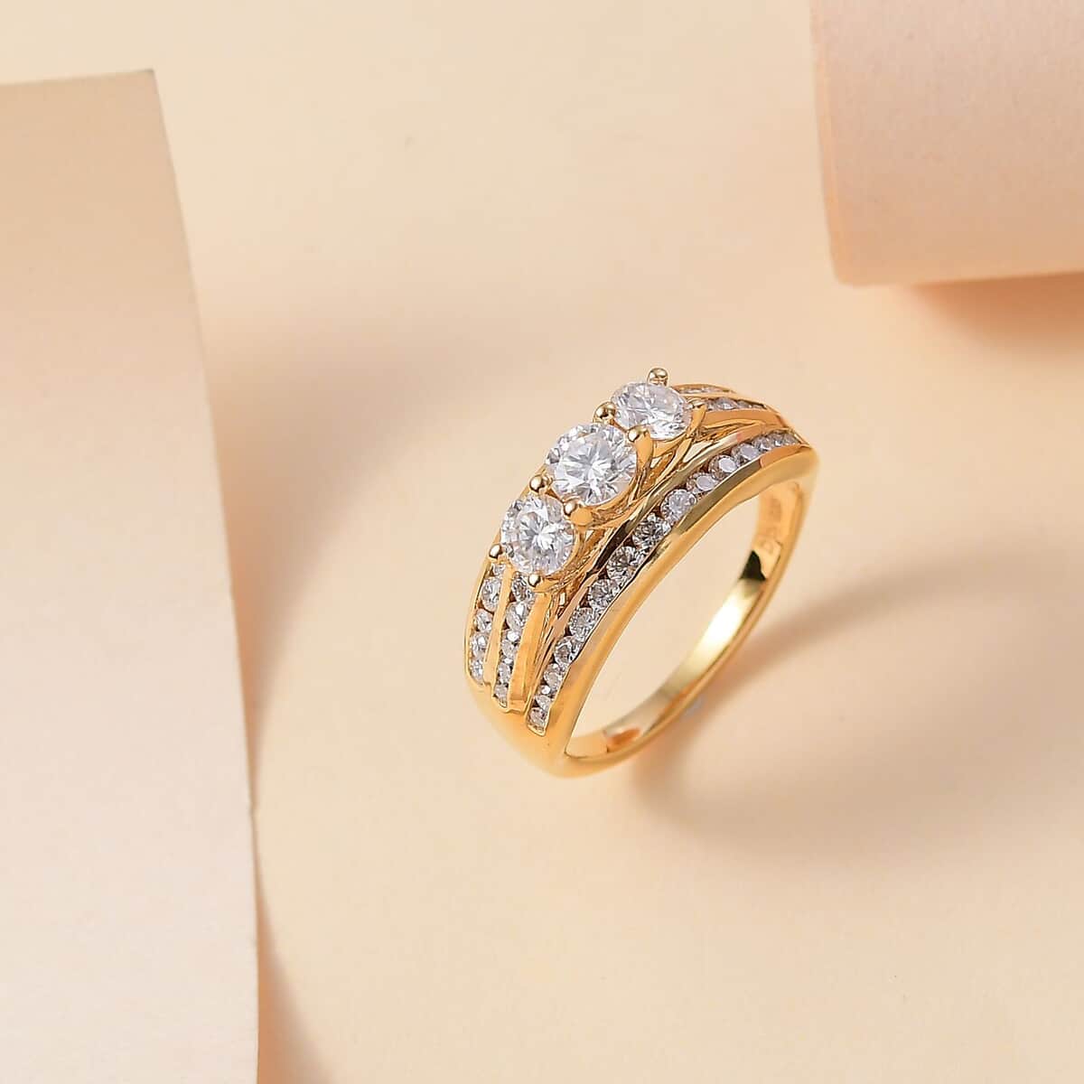 Moissanite 1.65 ctw Trinity Ring in 18K Vermeil Yellow Gold Over Sterling Silver (Size 10.0) (Del. in 10-15 Days) image number 2