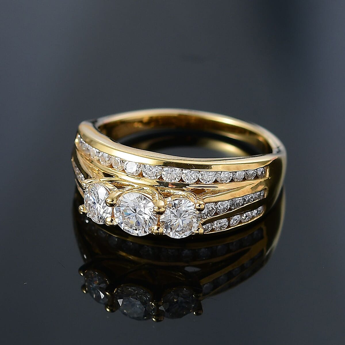 D'Joy Moissanite 1.65 ctw Trinity Ring in 18K Vermeil Yellow Gold Over Sterling Silver (Size 6.0) image number 1