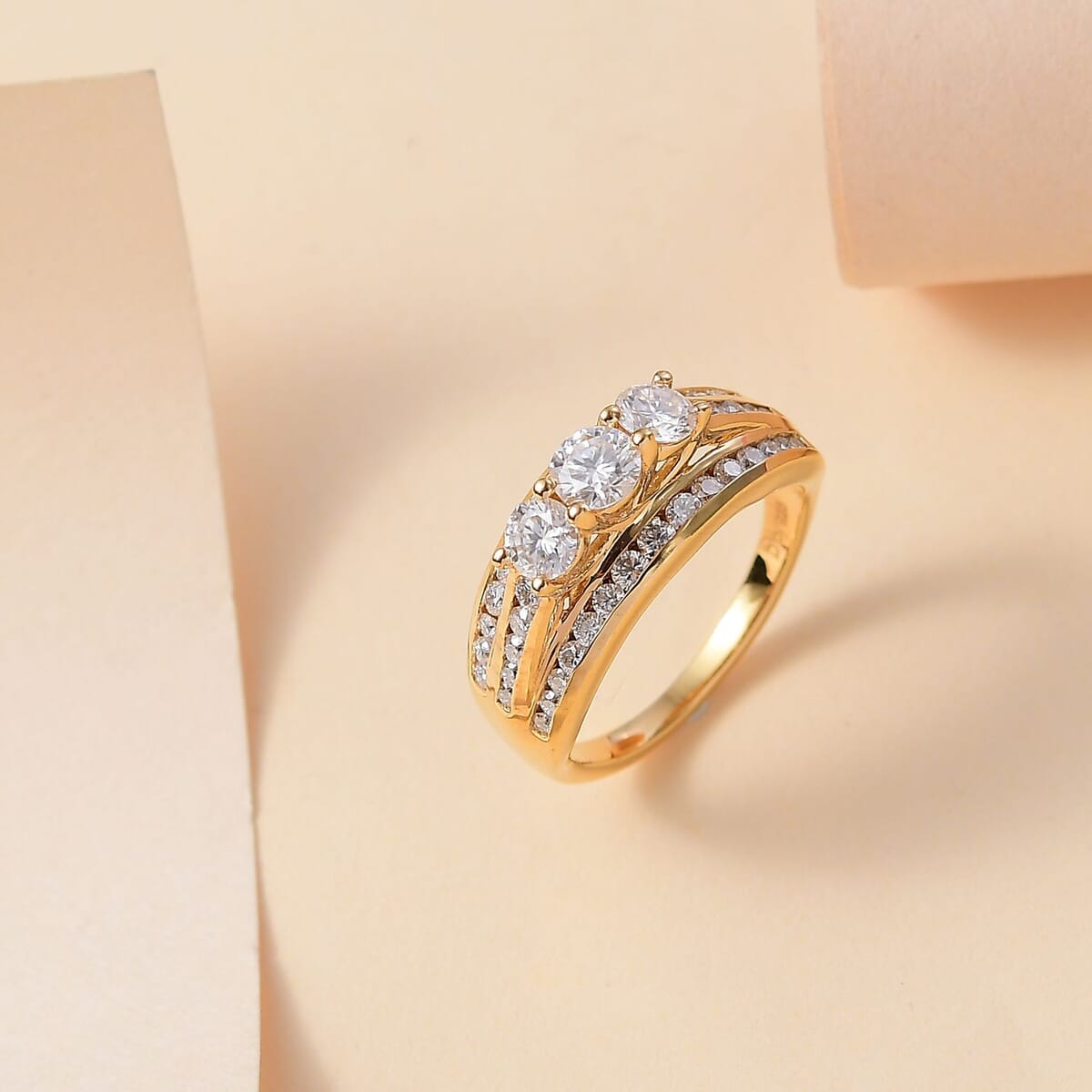 Moissanite 1.65 ctw Trinity Ring in 18K Vermeil Yellow Gold Over Sterling Silver (Size 8.0) image number 2