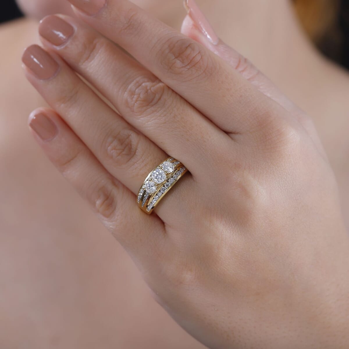Moissanite 1.65 ctw Trinity Ring in 18K Vermeil Yellow Gold Over Sterling Silver (Size 8.0) image number 3