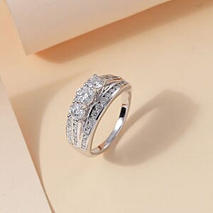 D'Joy Moissanite 1.65 ctw Trinity Ring in Rhodium Over Sterling Silver (Size 10.0)