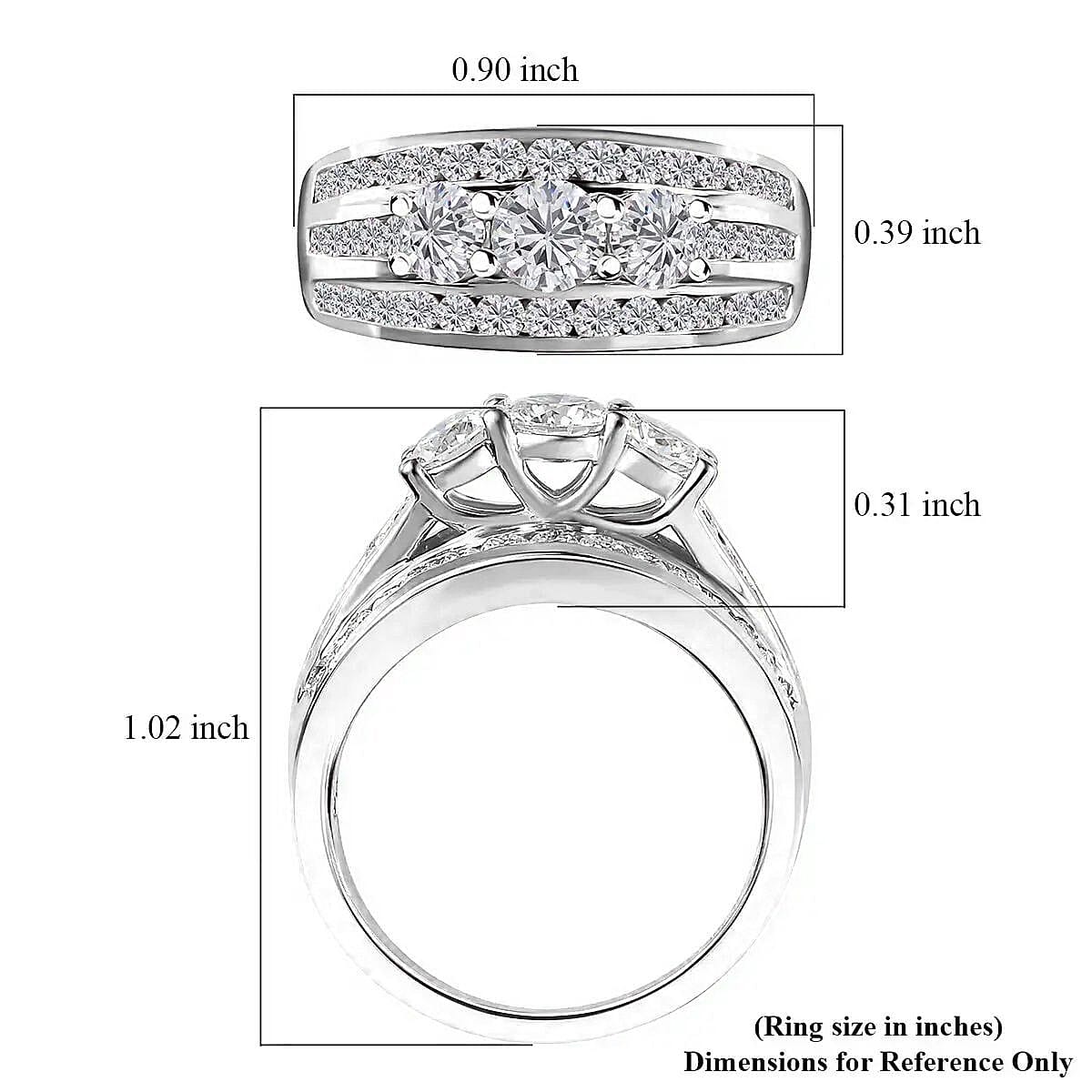 D'Joy Moissanite 1.65 ctw Trinity Ring in Rhodium Over Sterling Silver (Size 10.0)