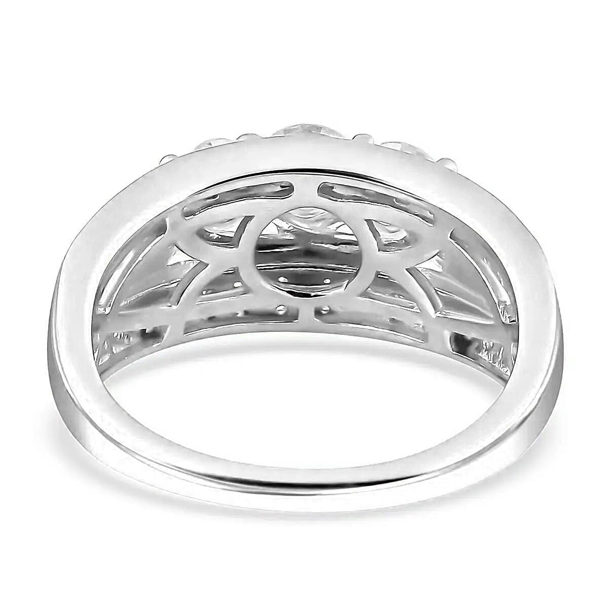 D'Joy Moissanite 1.65 ctw Trinity Ring in Rhodium Over Sterling Silver (Size 5.0)